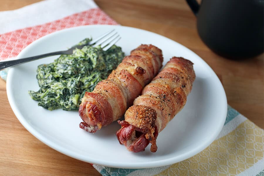 Cheese stuffed bacon wrapped hotdogs